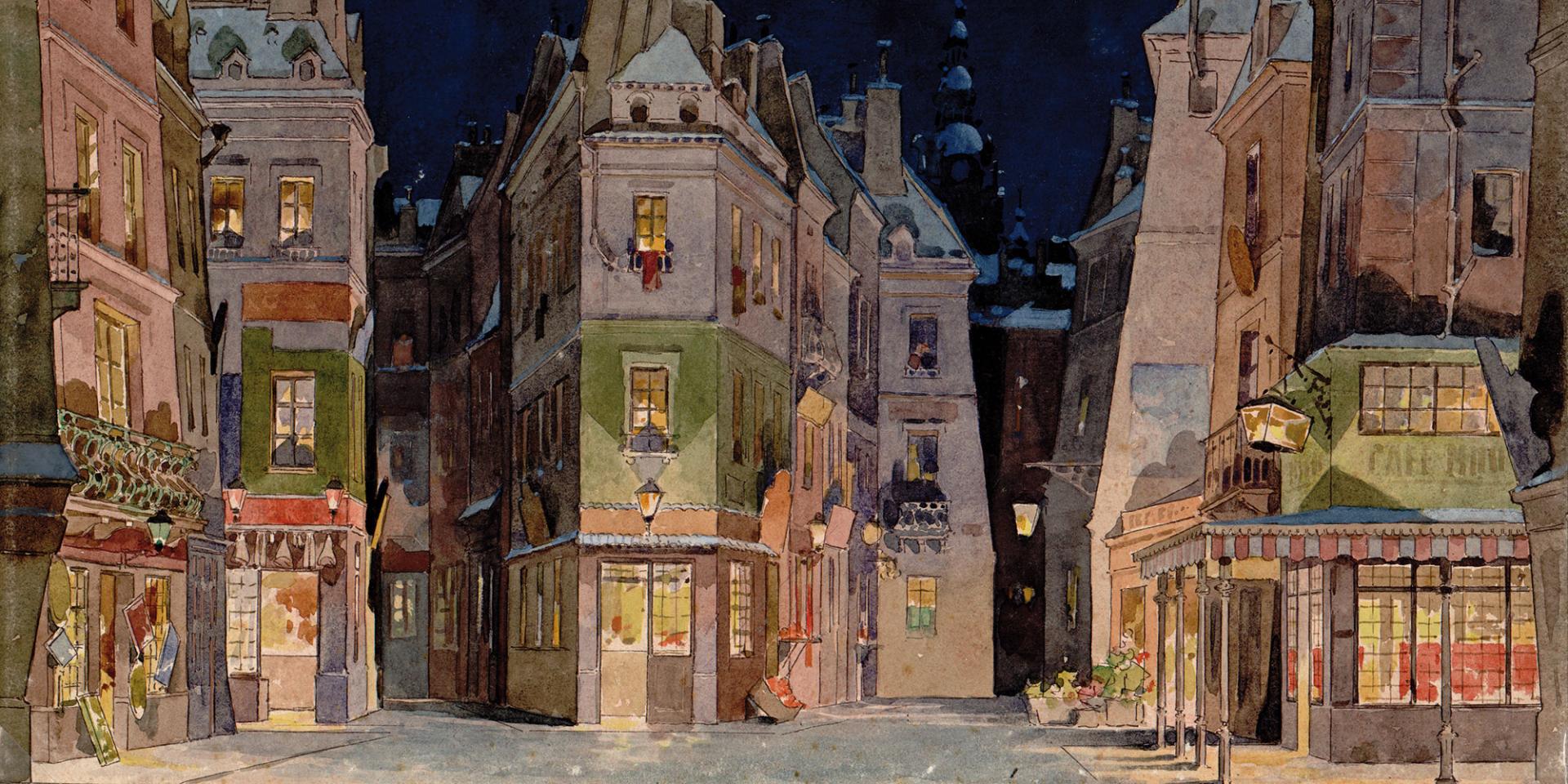 Bozzetto di Adolf Hohenstein per il Quadro II della prima assoluta de La bohème