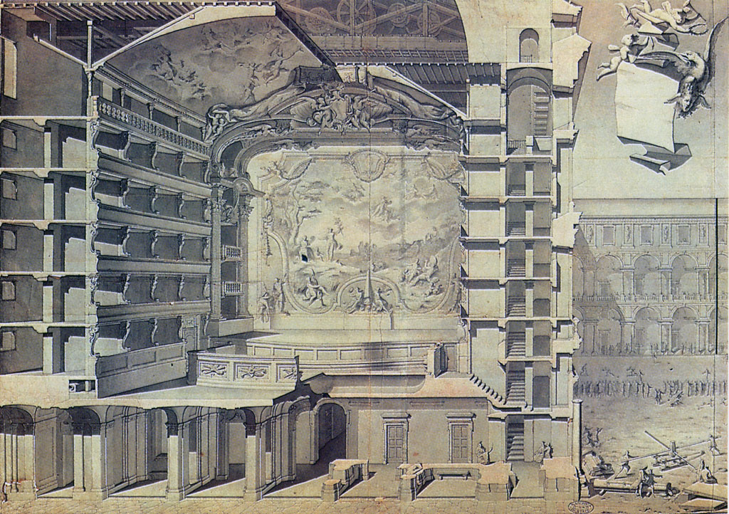Benedetto Alfieri, Disegno preparatorio per la tavola XI (Spaccato prospettico trasversale con veduta del proscenio)