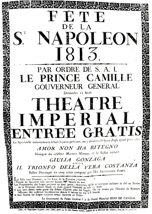 Manfiesto della Fête de la St. Napoleon, 1813 Par ordre de S.A.I. le Prince Camilleur, Dimanche 15 Août Théâtre Imperial Entrée gratis Turin