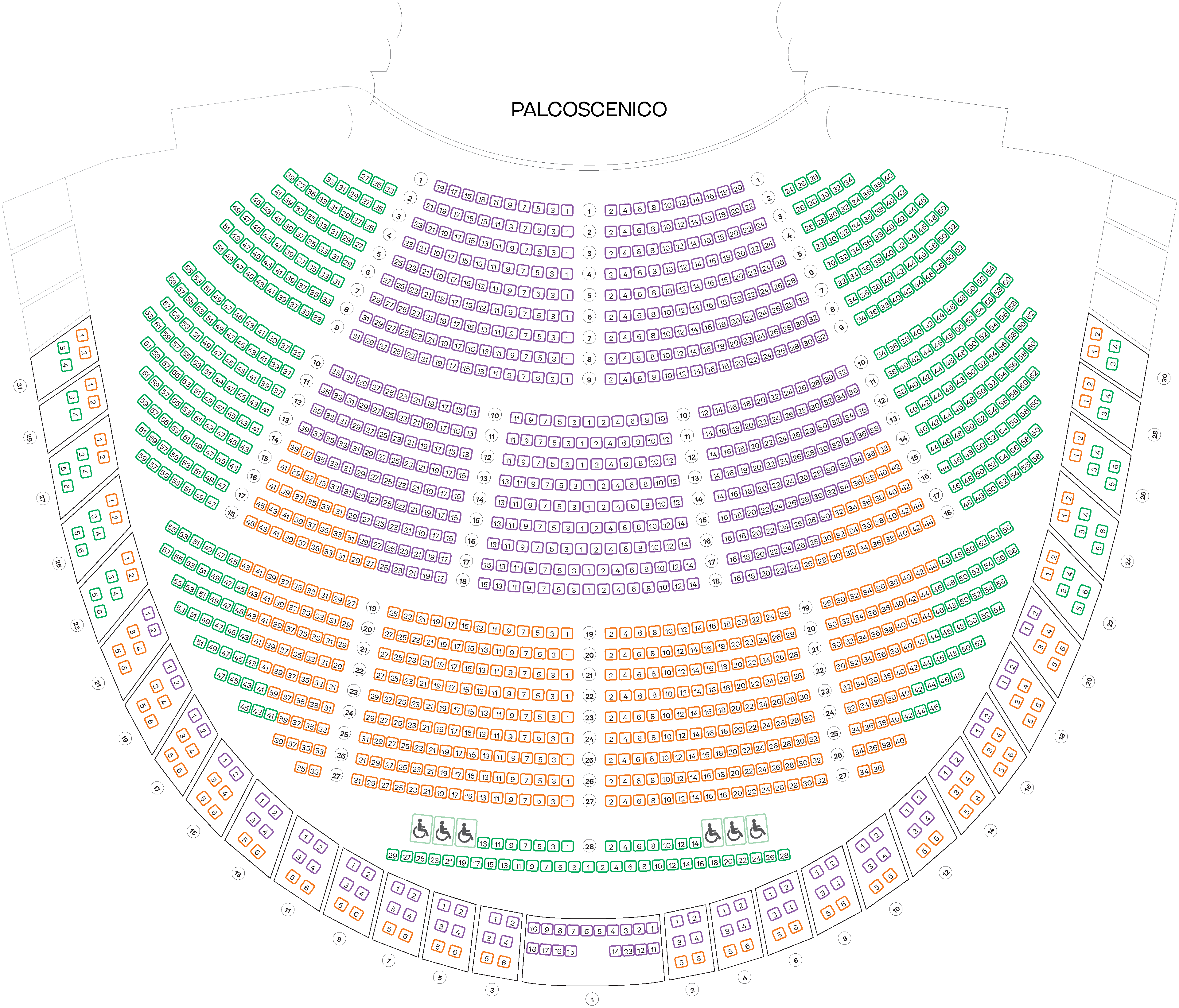 Seating chart showing the 3 ticketing sections for Concerts